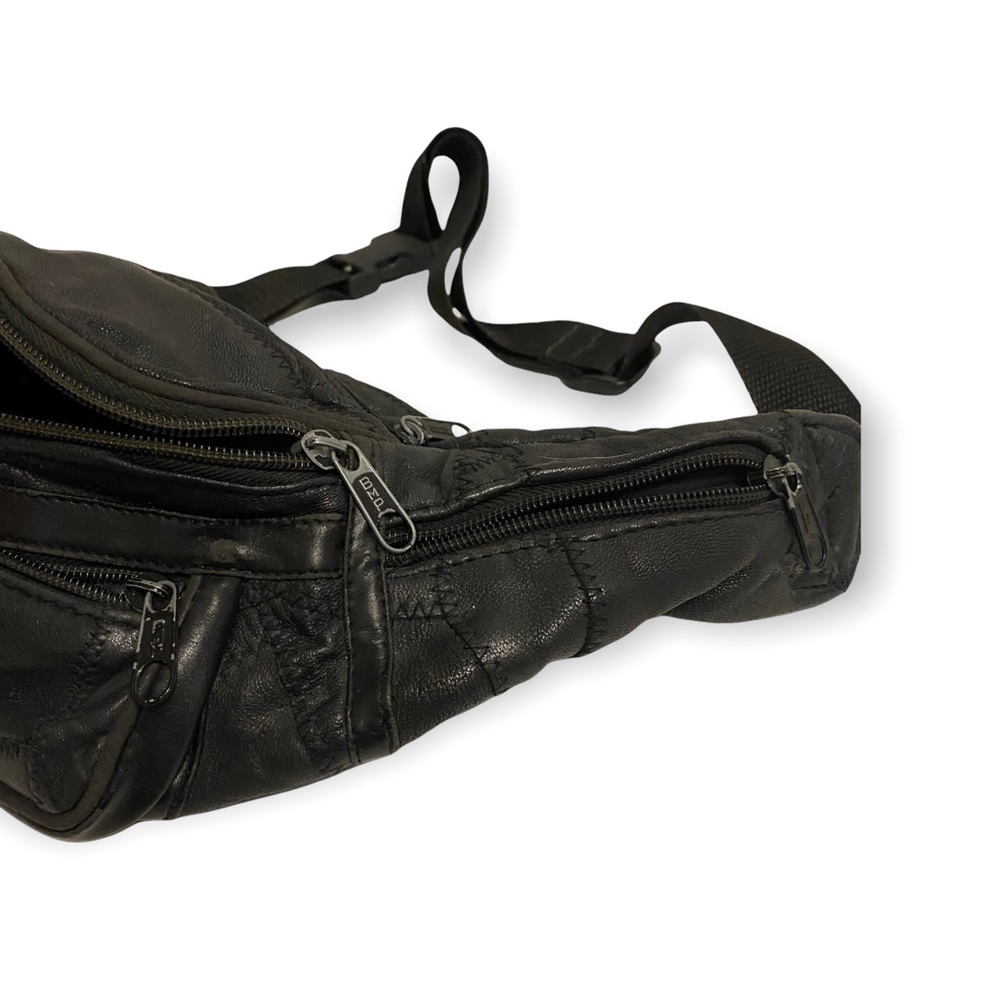 Black Vintage Patchwork Stitch Leather Fanny Pack / Bum Bag - Picture 2 of 8
